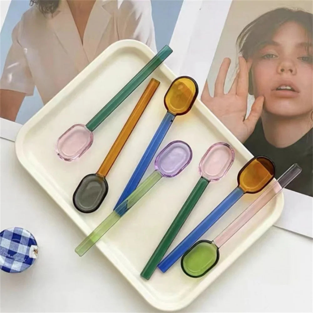 Cuillère en Verre Spirale Colorée – Design Créatif Manche Long pour Café & Desserts