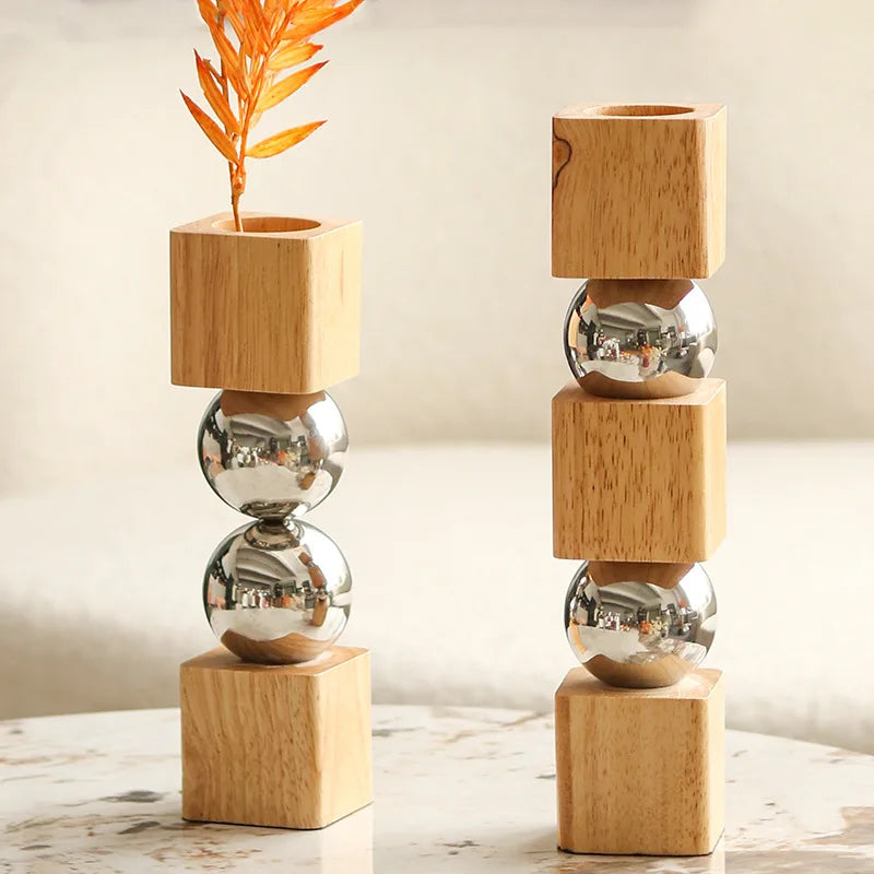 Vase Géométrique Nordique Bois & Métal – Design Artistique Élégant Style Moderne
