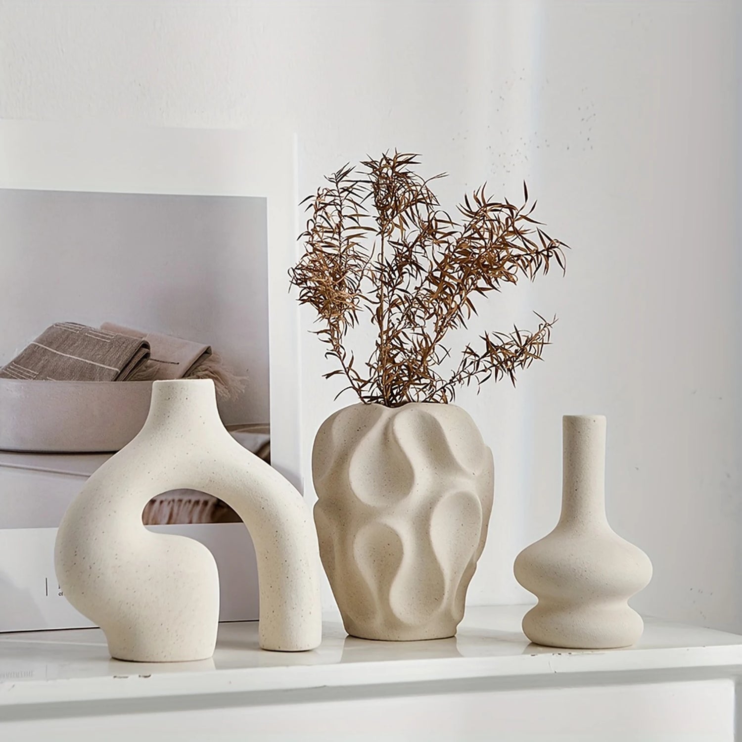 Set de 3 Vases Bohème en Céramique – Design Donut & Formes Géométriques Minimalistes