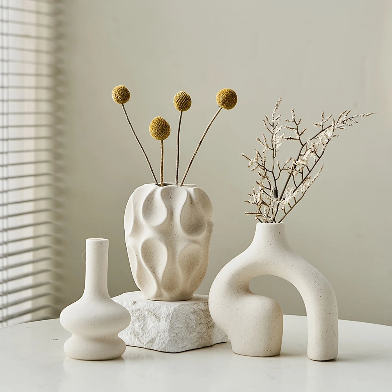 Set de 3 Vases Bohème en Céramique – Design Donut & Formes Géométriques Minimalistes
