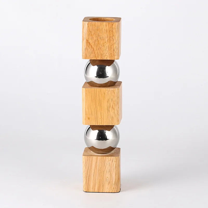 Vase Géométrique Nordique Bois & Métal – Design Artistique Élégant Style Moderne