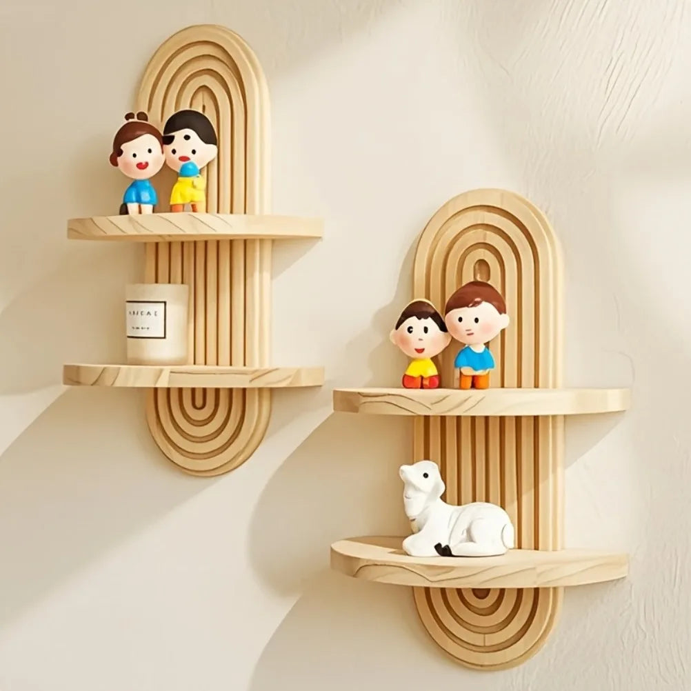 Étagère Murale Arquée Bohème en Bois – Support Déco Flottant pour Plantes, Vases & Bougies