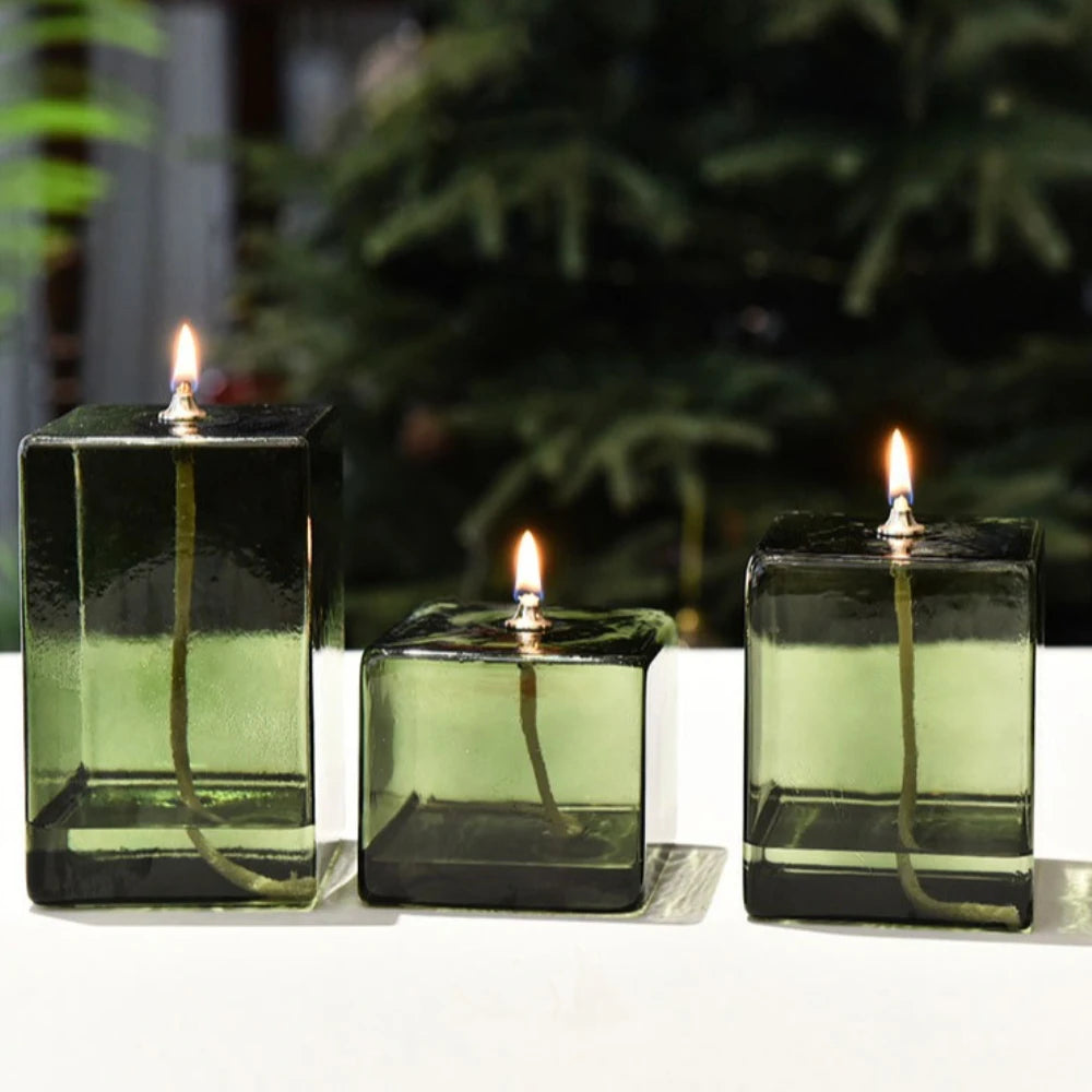 Lampe à Huile en Verre Carrée Colorée – Design Moderne Sans Fumée pour Déco de Table