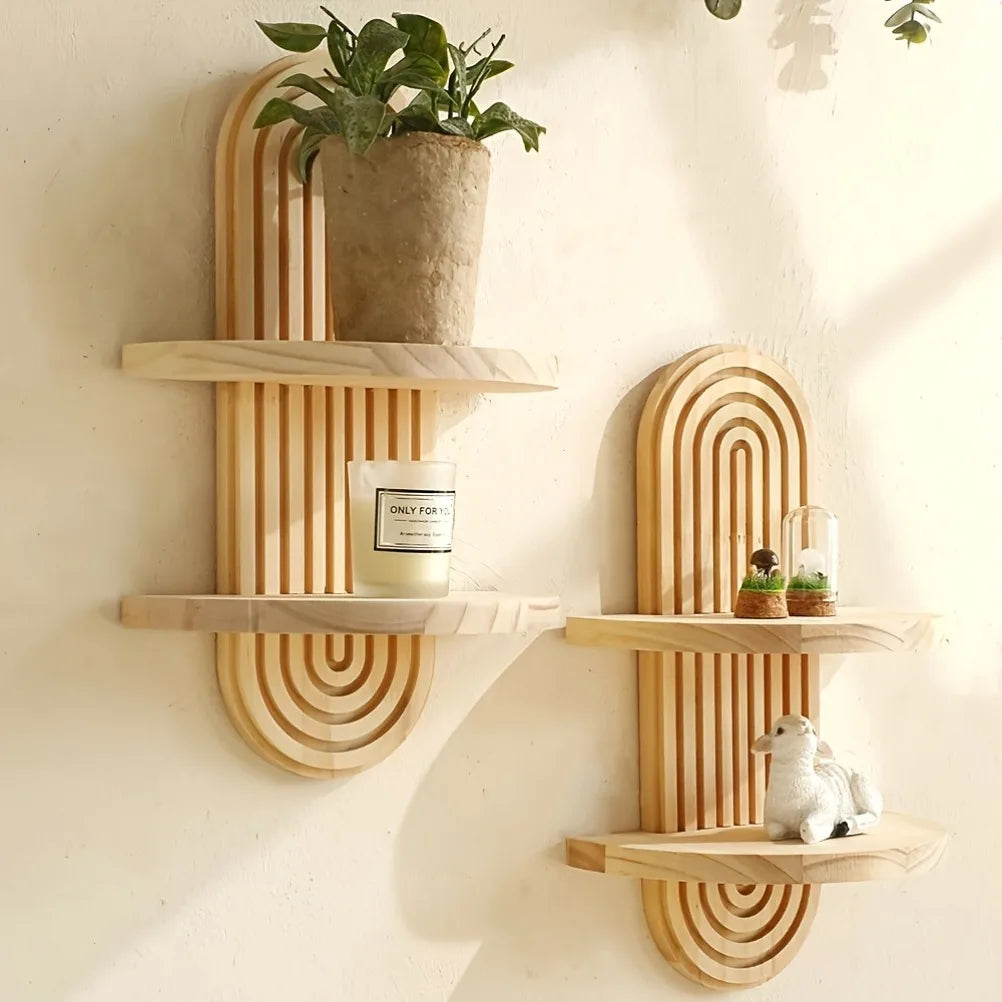 Étagère Murale Arquée Bohème en Bois – Support Déco Flottant pour Plantes, Vases & Bougies