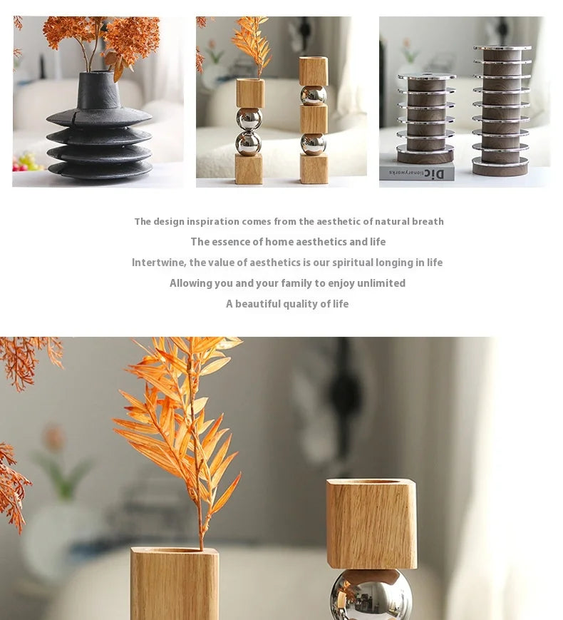 Vase Géométrique Nordique Bois & Métal – Design Artistique Élégant Style Moderne