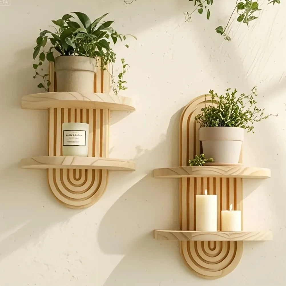 Étagère Murale Arquée Bohème en Bois – Support Déco Flottant pour Plantes, Vases & Bougies